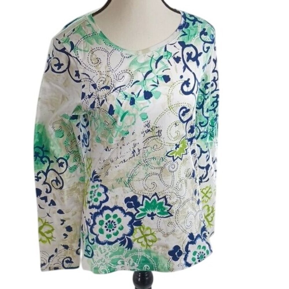 Christopher & Banks Womens S Green Blue Floral Scroll Print Long Sleeve Knit Top